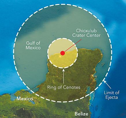 Approximately 64 million years ago, a sizable meteor impacted in shallow gulf waters covering the modern-day northwestern coast of Yucatán, Mexico. The resultant crater, called the Chicxulub crater, is a 180-kilometer-wide sedimentary basin, which appears to have contributed to the development of a highly desirable environment for living in a region where easily accessible surface water would otherwise be all but nonexistent. Approximately 64 million years ago, a sizable meteor impacted in shallow gulf waters covering the modern-day northwestern coast of Yucatán, Mexico. The resultant crater, called the Chicxulub crater, is a 180-kilometer-wide sedimentary basin, which appears to have contributed to the development of a highly desirable environment for living in a region where easily accessible surface water would otherwise be all but nonexistent.