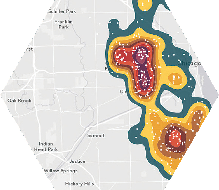 The Calculate Density analysis tool estimates a density surface from point or line features.