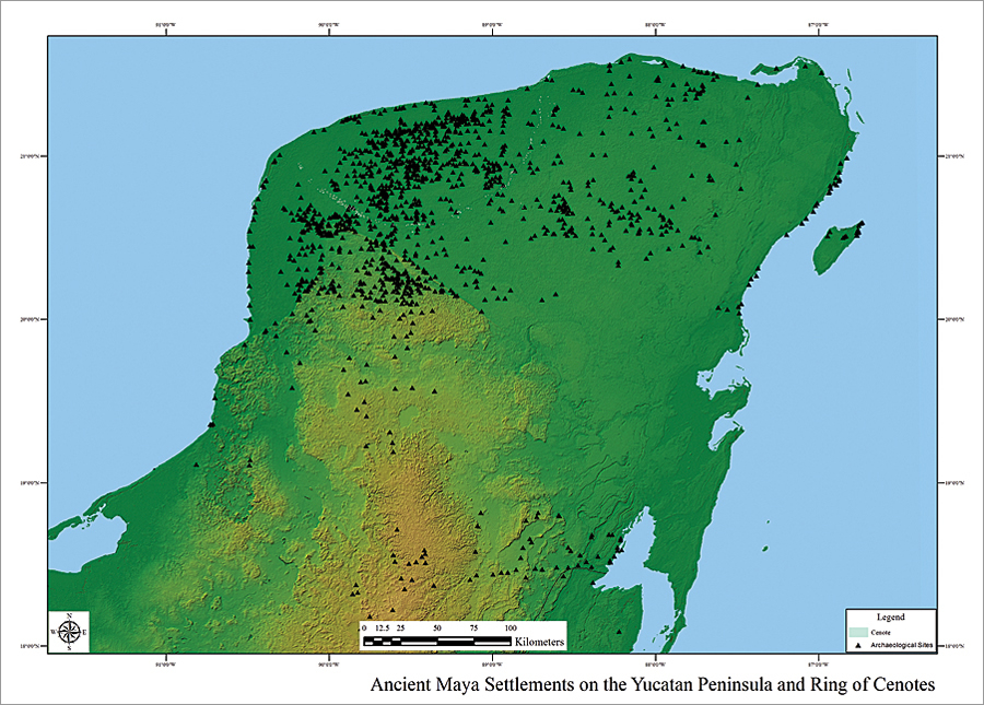 Maya sites in the study with cenotes marking the buried rim of the Chicxulub impact crater plotted over SRTM elevation data in ArcGIS. Maya sites in the study with cenotes marking the buried rim of the Chicxulub impact crater plotted over SRTM elevation data in ArcGIS.