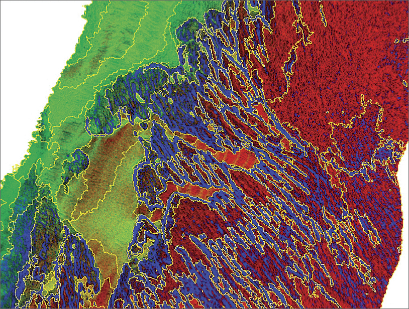 The feature extraction process identifies unique objects and habitat types on the ocean floor. (Image courtesy of NOAA.)