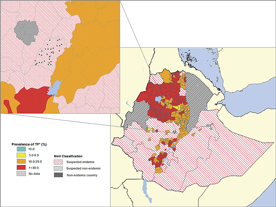 The point features generated by the Esri Python script can be aggregated to the health district—turning the health district classification from "suspected endemic" to a prevalence value. This knowledge drives health interventions.