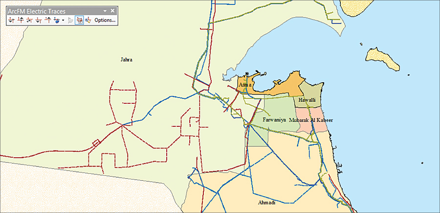 One of the maps for the electric transmission network sector showing the overhead line and the primaries substation on Kuwait state. One of the maps for the electric transmission network sector showing the overhead line and the primaries substation on Kuwait state.