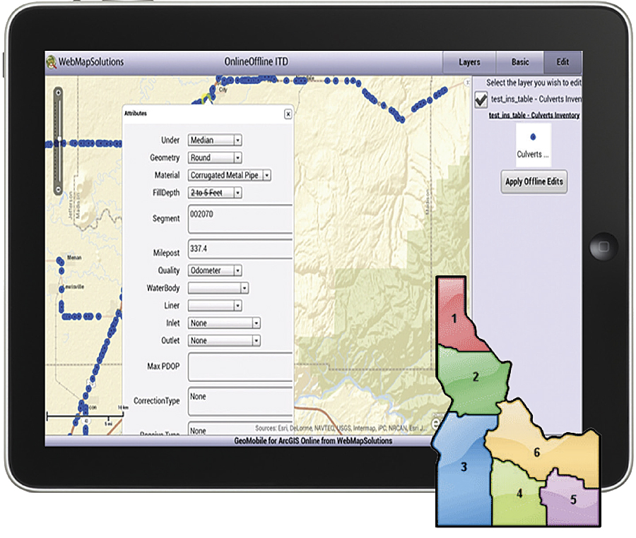 Development version of the mobile editing app. Inset: Idaho Transportation Department districts.