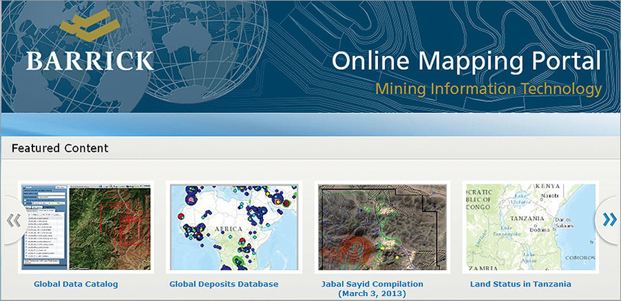 The home page was developed using ArcGIS Online, showcasing Barrick's unique look and feel. Featured maps and apps have also been added to the home page.