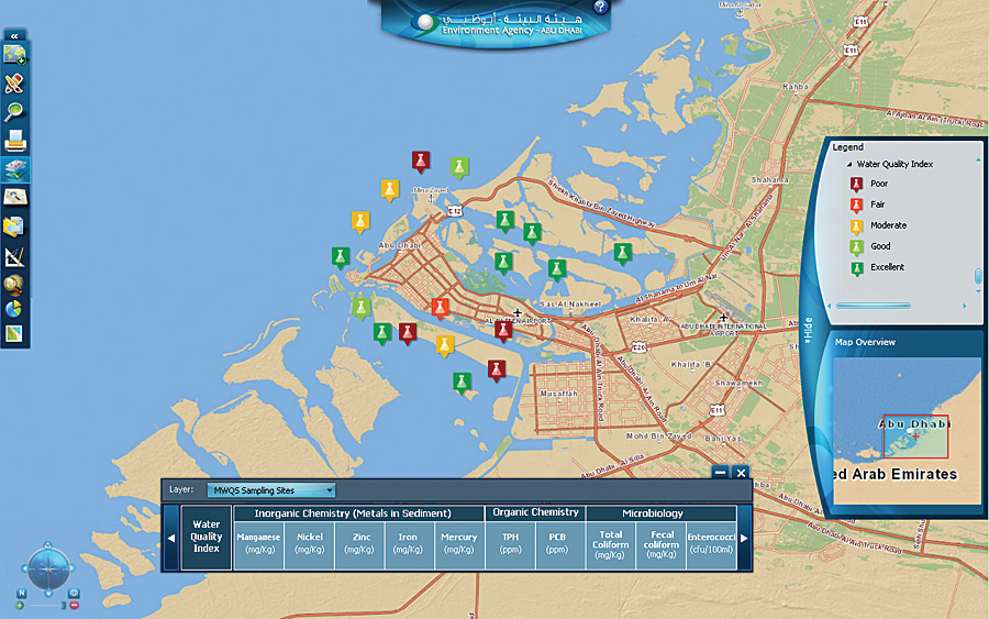 The interactive map presents the marine water quality index for sampling sites in the Arabian Gulf water of Abu Dhabi.