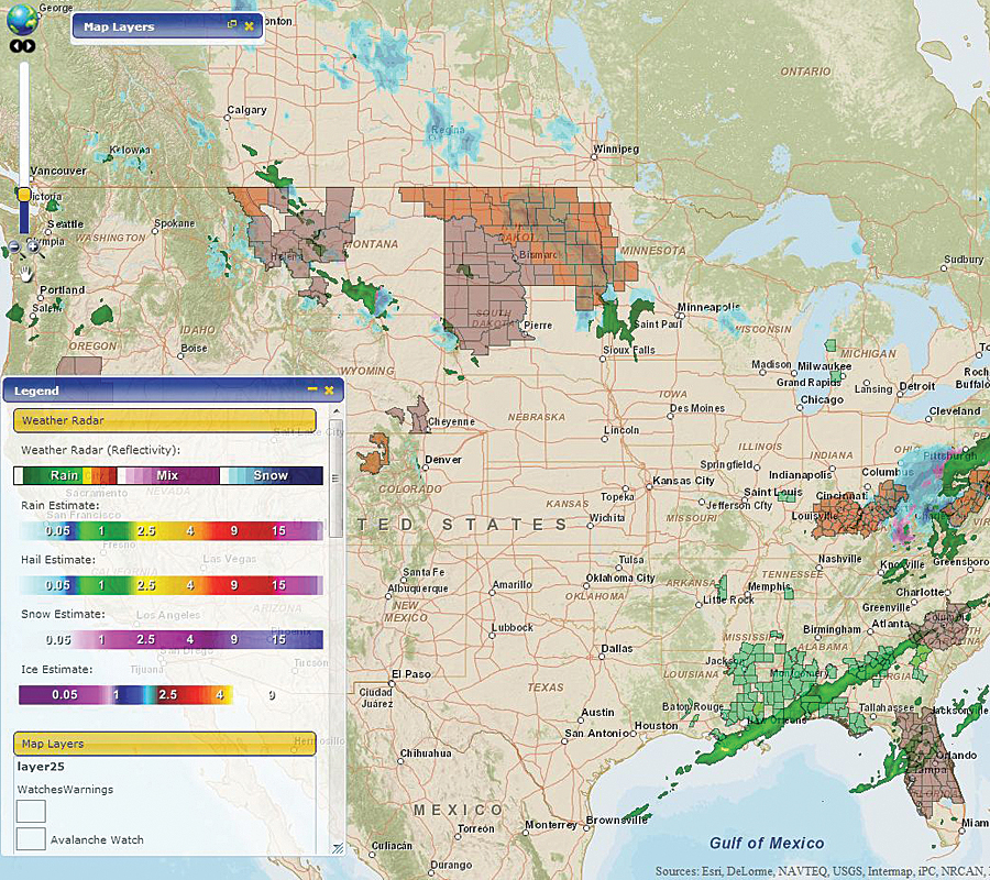 PLRB Map delivers real-time radar reflectivity, including detailed patterns of precipitation falling at the present time, as well as future precipitation estimates for national-level forecasts of rain, hail, snow, and ice based on different time periods.