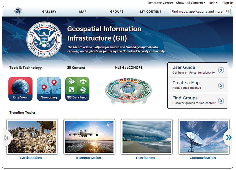 The GII Platform, which is based on Portal for ArcGIS, supplies shared and trusted geospatial data, services, and applications for use by the homeland security community.