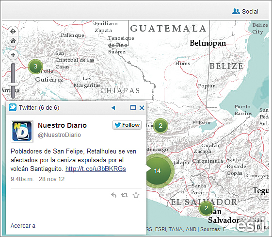 Interactive mapping of the eruption of the volcano Santiaguito using social networks is shown. The Tweet says in Spanish, "People from San Felipe, Retalhuleu affected by ashes expelled by Santiaguito Volcano."