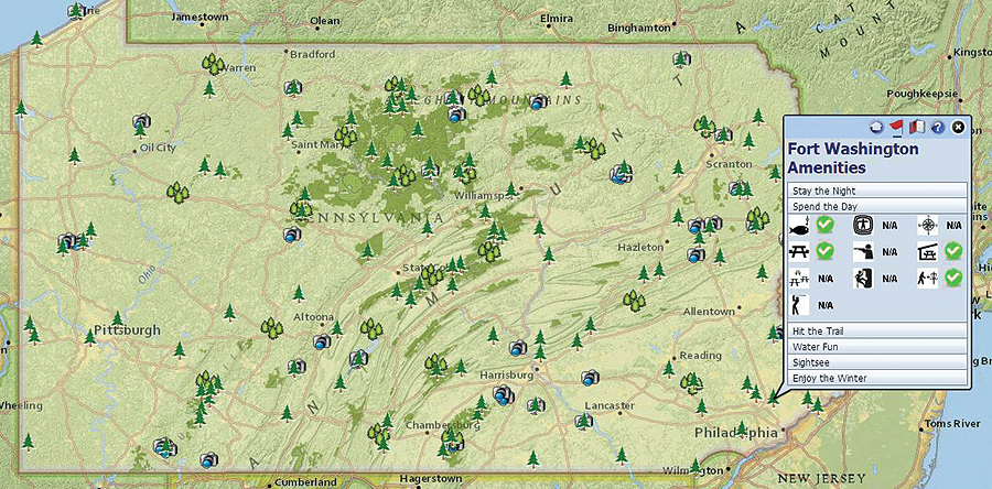 The Pennsylvania Department of Conservation and Natural Resources used GIS to build an interactive map revealing all state parks and the features that each has to offer. The map has seen a steady climb in users as officials regularly update it with added features and information.