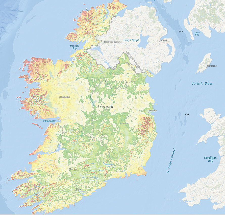 Many business-relevant data layers are available for all staff to browse in ArcGIS, ArcGIS Online, and other client applications. This one illustrates the average wind speed in Ireland (using public data).