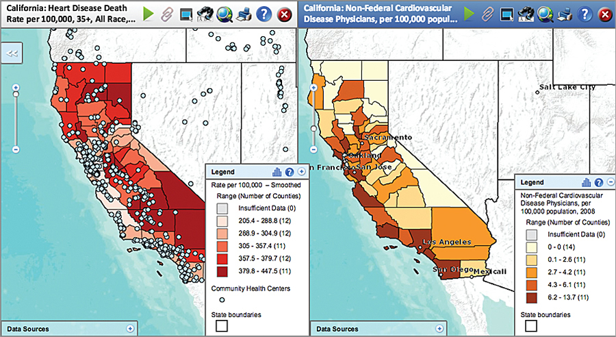 With the side-by-side map view, users can easily view two geographic areas on the map for the purpose of comparison.