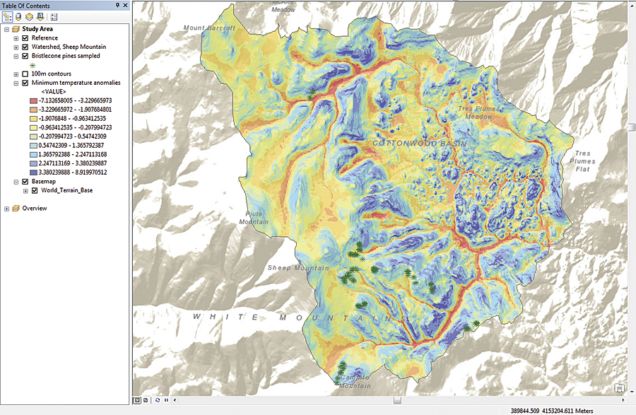 Minimum temperature anomalies are derived using topographic indexes in conjunction with relatively cheap temperature loggers arrayed over a rugged mountain landscape. These anomalies can be used to understand the microclimates experienced by individual trees.