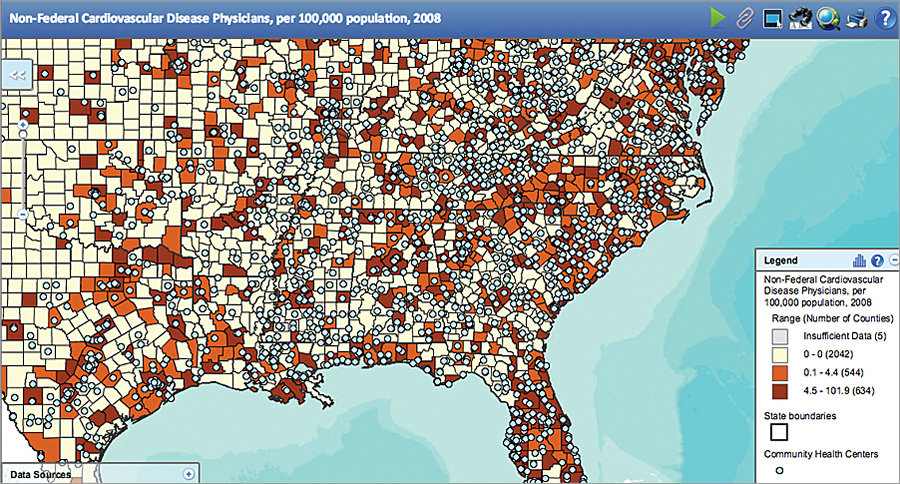 This shows a US map with county data of nonfederal cardiovascular disease physicians per 100,000 population between 2008 and 2010.