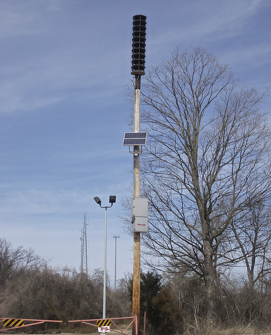 This siren is placed on a side entrance to Faust County Park from Olive Boulevard in Chesterfield, Missouri.