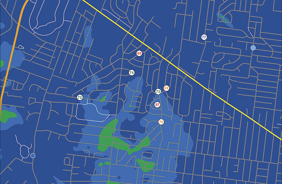 Siren loudness in the area in and around St. Ann, Missouri. Output is from the SPreAD-GIS sound model, written in Python for ArcGIS for Desktop. The numbers show field measurements in c-weighted decibels.