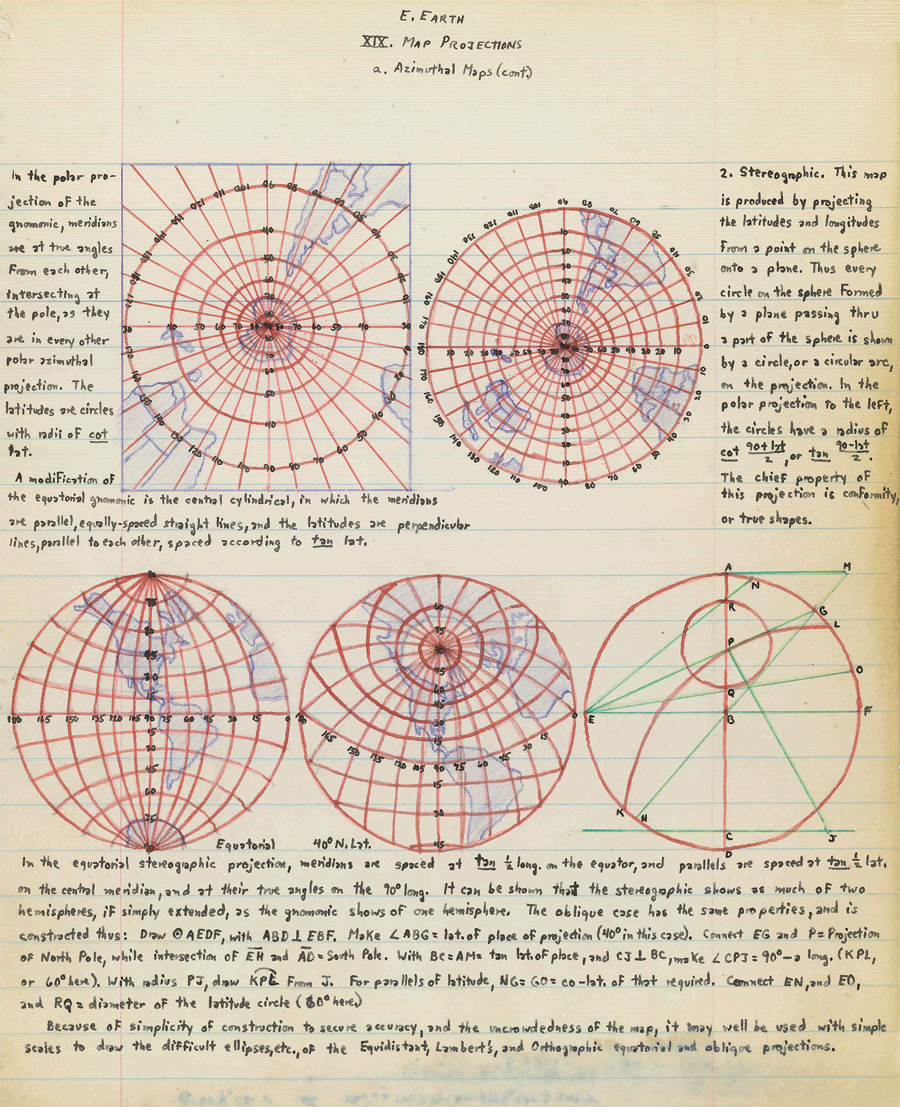 Page from a notebook of John Parr Snyder that dates from his sixteenth year showing his early interest in map projections. (John Parr Snyder Collection, Geography and Map Division, Library of Congress.)