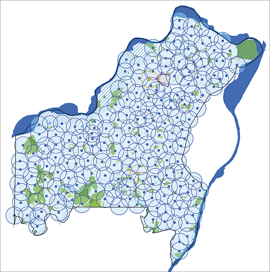 The current countywide coverage in the new system, including two planned future sirens.