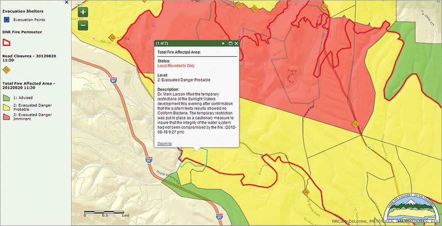 The map was published to ArcGIS Online for up-to-the-minute evacuation zone, roadblock, and fire perimeter status.