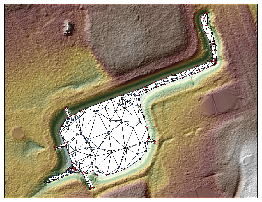 Images were created with real-time kinematic GPS bathymetric survey data of a storm water management pond and surrounding terrestrial DEM generated using lidar.