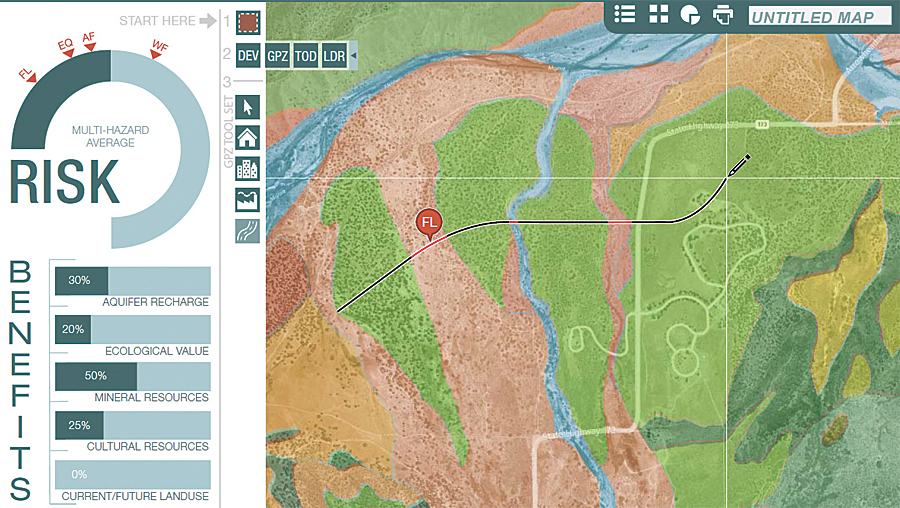 The interactive GIS map allows users to sketch various design elements directly on the map and then receive instant feedback on the potential impact of those designs on the left-hand dashboard, displayed here as risk or benefits. (Courtesy of Boykin Witherspoon.)