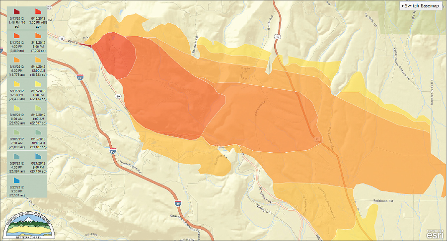 An interactive fire progression map, built from a JavaScript API template, shows how rapidly the Taylor Bridge Fire spread.