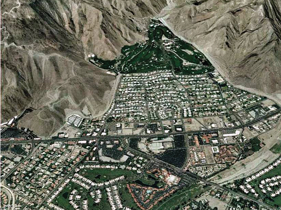 Esri's ArcGIS Explorer was used to create a 3D View of the 2005 Development on Magnesia Spring Canyon Alluvial Fan, Rancho Mirage, California. (Source: Alluvial Fan Task Force.)