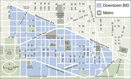 The DowntownDC BID Boundary Map, a 138-block area of approximately 520 properties from Massachusetts Avenue on the north to Constitution Avenue on the south and from Louisiana Avenue on the east to 16th Street on the west in Washington, DC.