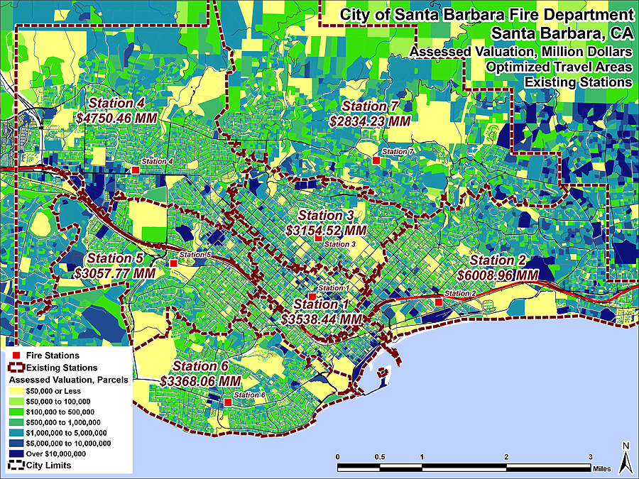 GIS displays the assessed value of parcels contained within the optimized travel areas of existing Santa Barbara Fire Department stations.