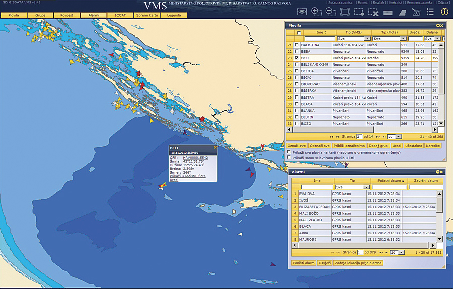 An overview of the last available positions of every vessel gives the Department for Fisheries a near real-time picture of vessel activity. Detailed information about a vessel is quickly accessible.