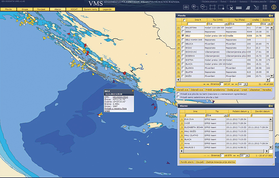 An overview of the last available positions of every vessel gives the Department for Fisheries a near real-time picture of vessel activity. Detailed information about a vessel is quickly accessible. An overview of the last available positions of every vessel gives the Department for Fisheries a near real-time picture of vessel activity. Detailed information about a vessel is quickly accessible.