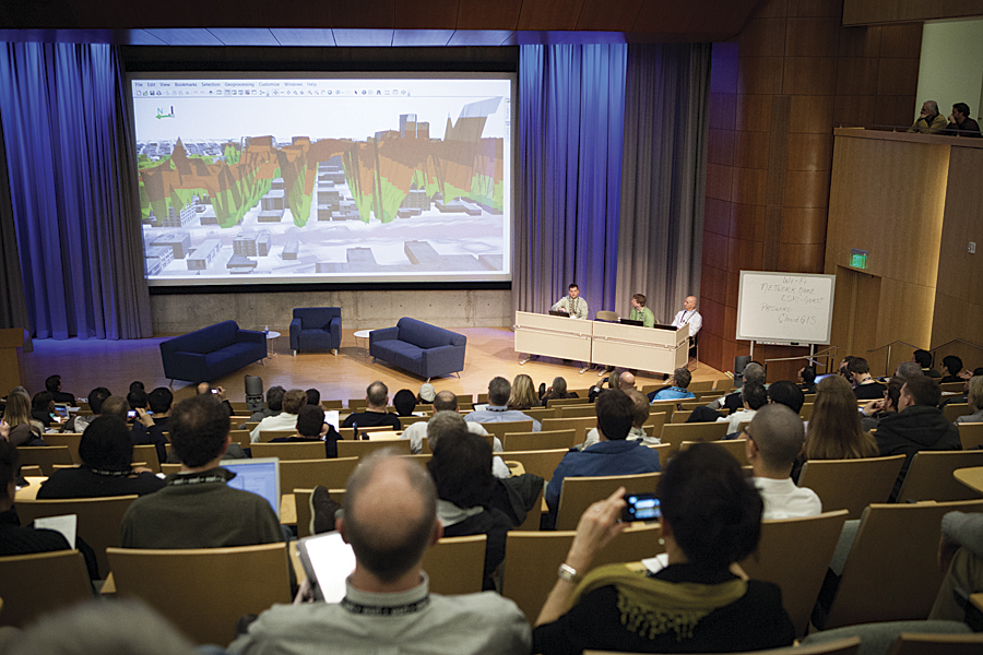 The fourth Geodesign Summit in the Esri auditorium.