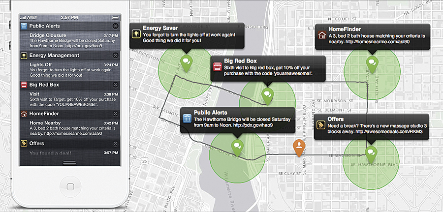 Individual Geotrigger notifications are automatically pushed to mobile users upon crossing a geofence. Individual Geotrigger notifications are automatically pushed to mobile users upon crossing a geofence.