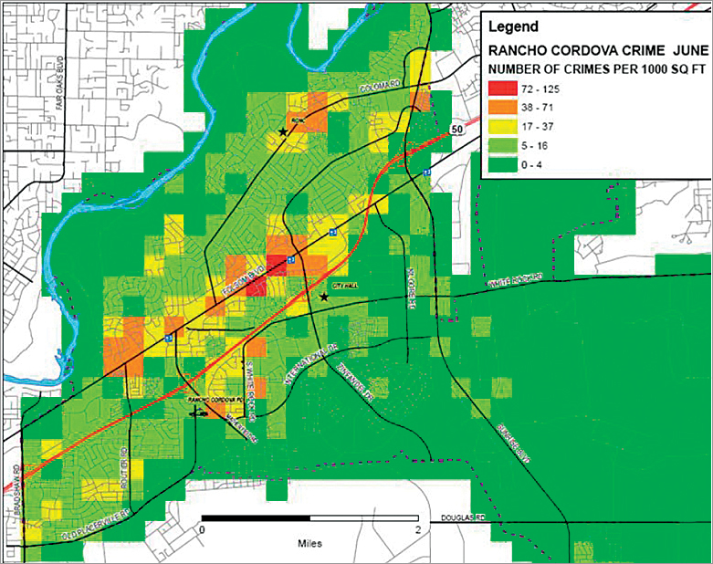 The City of Rancho Cordova created hot spot maps using ArcGIS to analyze and identify areas with the most crime- and code enforcement-related issues. The City of Rancho Cordova created hot spot maps using ArcGIS to analyze and identify areas with the most crime- and code enforcement-related issues.