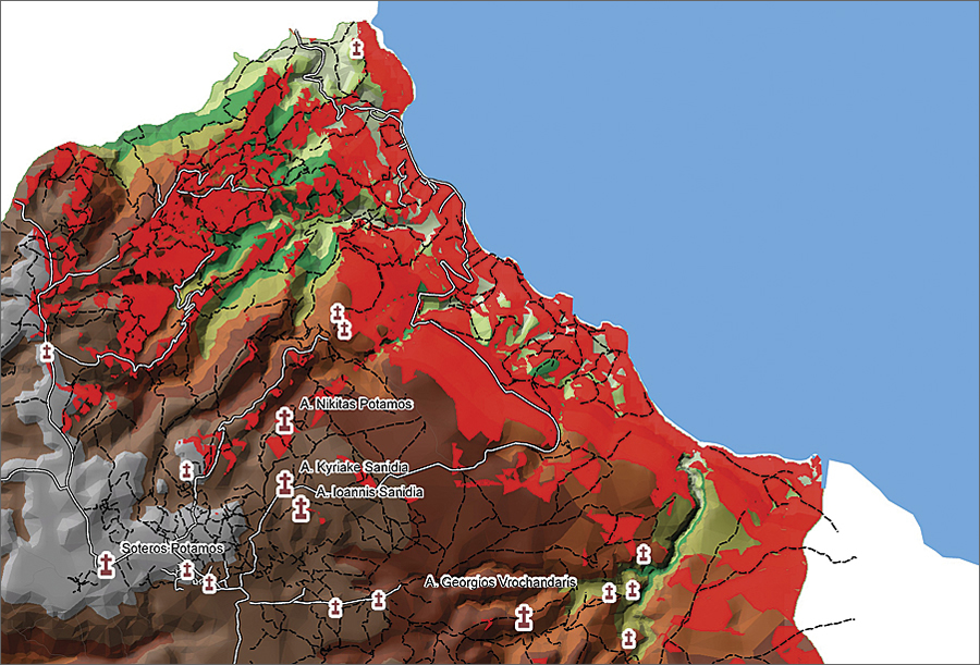 The relationship between the location of churches in the landscape and areas visible from the sea (in red) helps researchers assess the reality of the historical threat of coastal raids and the presumed reaction of the local population.