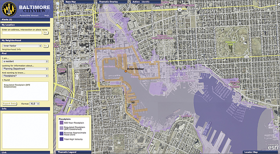 Floodplain information layered over a map of the Inner Harbor.