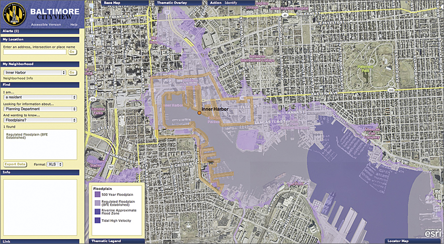 Floodplain information layered over a map of the Inner Harbor. Floodplain information layered over a map of the Inner Harbor.