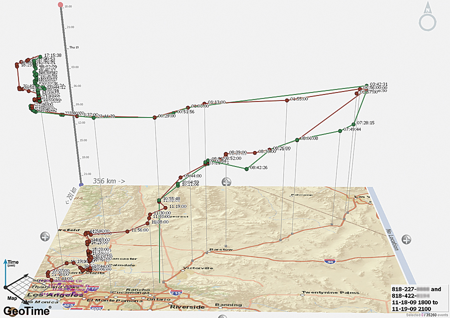 This screen shot shows a shooter's cell phone traveling with an associate's cell phone from the Los Angeles area to Las Vegas and back.