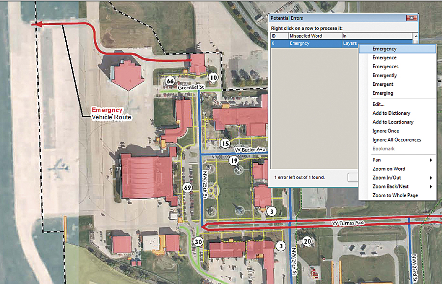 Without leaving the dialog box, HDR's GIS staff can zoom and pan around a page layout to analyze the word in context and then fix, edit, ignore, or bookmark it or add it to a dictionary.