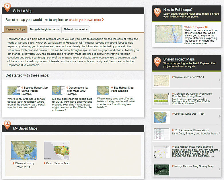 The home page for the FrogWatch USA FieldScope project.