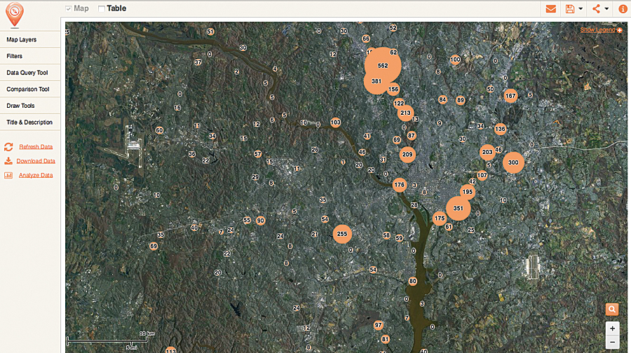 A FieldScope map showing bags of trash collected as part of the Trash-Free Potomac Project.