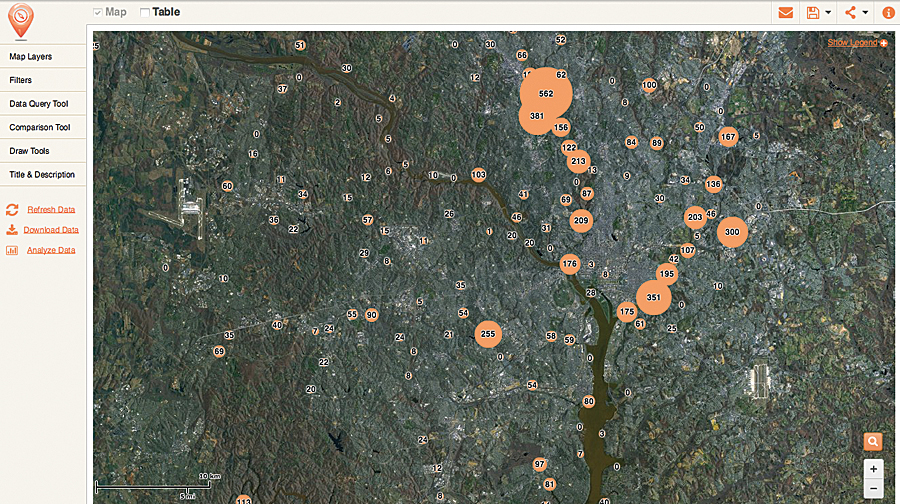 A FieldScope map showing bags of trash collected as part of the Trash-Free Potomac Project. A FieldScope map showing bags of trash collected as part of the Trash-Free Potomac Project.