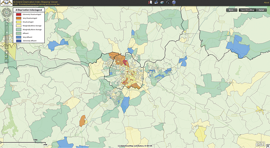 Ranking the island in terms of relative disadvantage and affluence, this maps details the social mix across Limerick City. Red areas represent some of the most disadvantaged areas on the island.