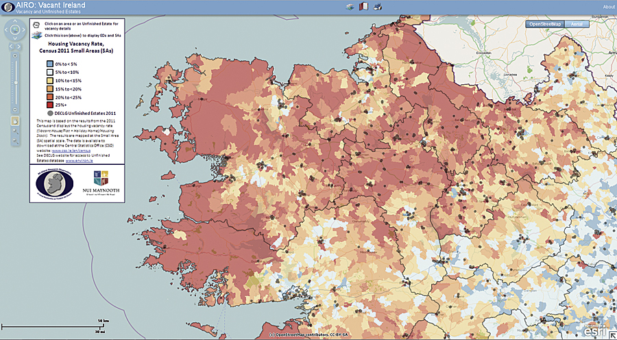 Detailing the level of housing vacancy and "Ghost Estates" across the Irish landscape with red zones representing areas with a housing vacancy rate greater than 25 percent.