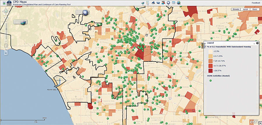 HUD maps areas in need of housing rehabilitation investment in Los Angeles, California. HUD maps areas in need of housing rehabilitation investment in Los Angeles, California.