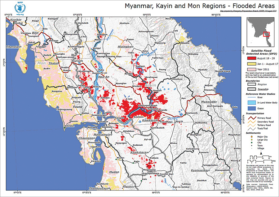 Satellite-detected flooded areas in the Kayin and Mon States of Myanmar (formerly Burma).