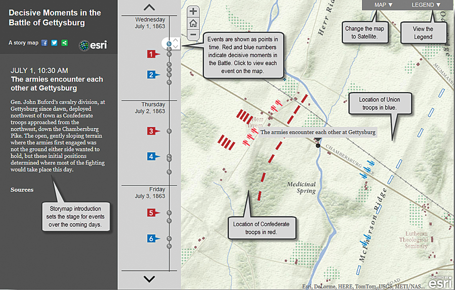 At Learn ArcGIS, students explore history by examining decisive moments in the Battle of Gettysburg during the American Civil War. At Learn ArcGIS, students explore history by examining decisive moments in the Battle of Gettysburg during the American Civil War.