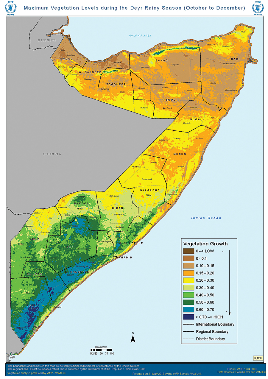 Maximum vegetation levels in Somalia during the Deyr rainy season from October through December.