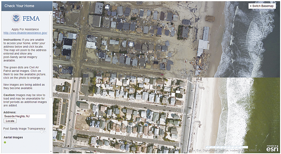 In the Check Your Home application, the transparency bar on the left allows comparison of pre- and post-Sandy imagery.