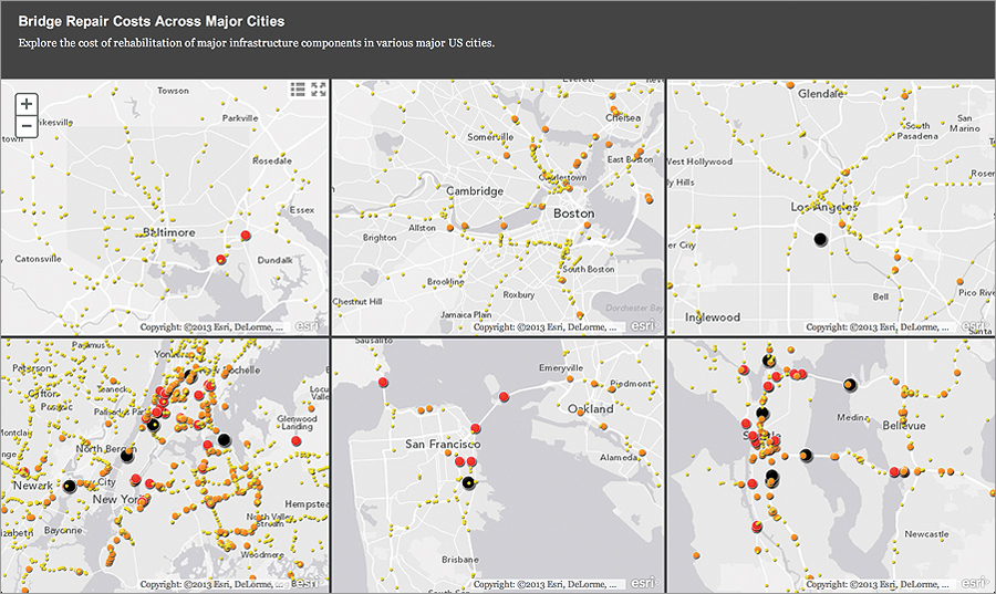 With the new Esri Bridge Infrastructure Maps app, users can easily compare bridge repair costs in several cities at once. With the new Esri Bridge Infrastructure Maps app, users can easily compare bridge repair costs in several cities at once.