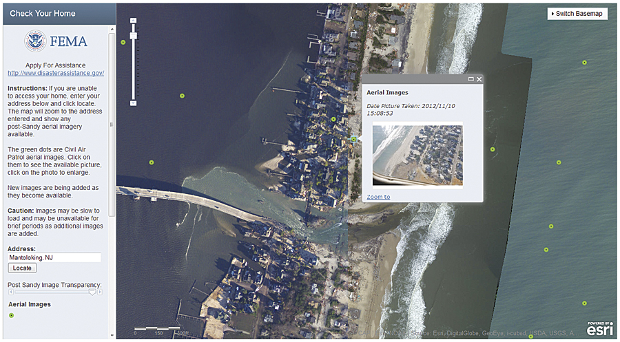 Using National Oceanic and Atmospheric Administration (NOAA) nadir imagery and Civil Air Patrol (CAP) imagery of Breezy Point, New York, to show homes destroyed by gas fire.